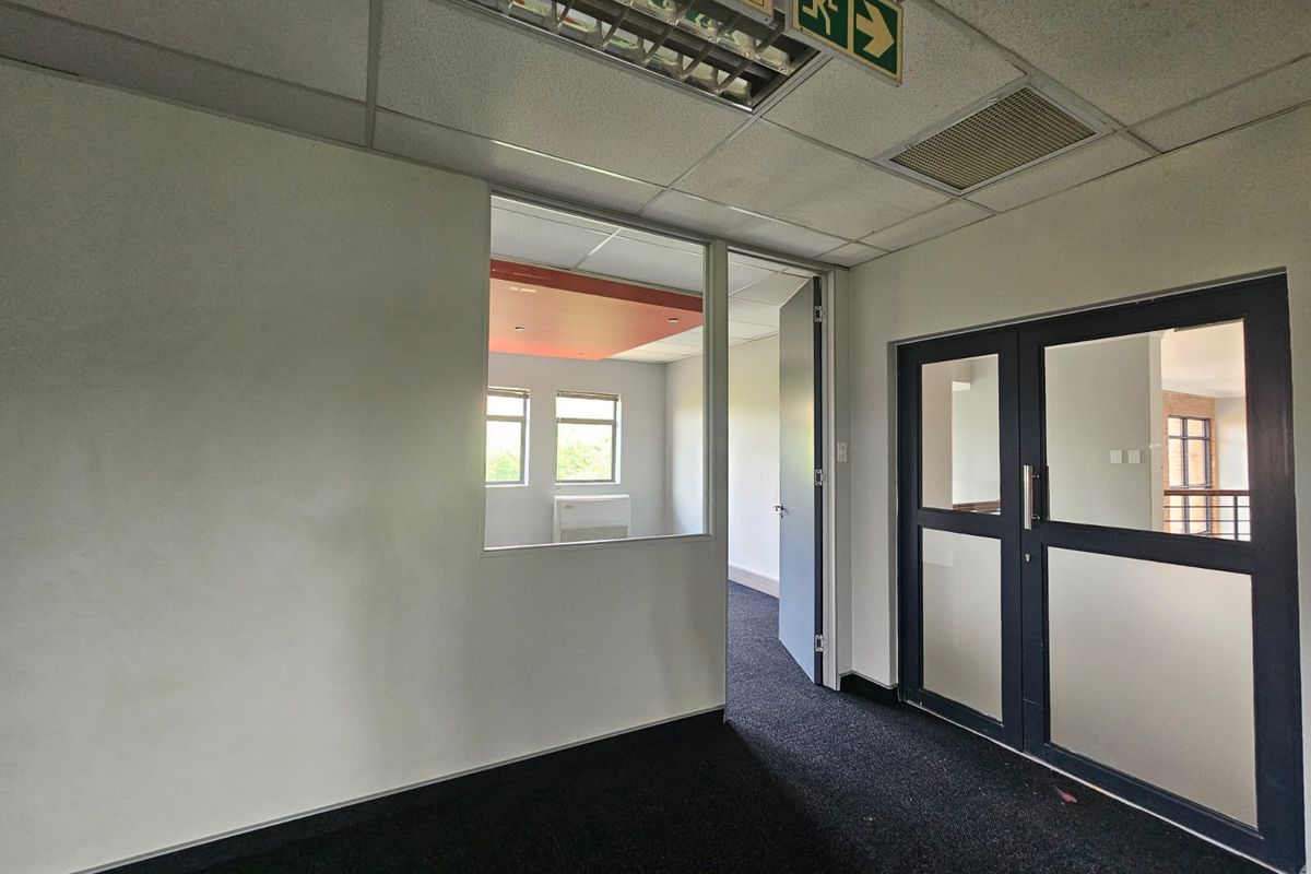 An empty office space featuring a suspended ceiling, carpeted flooring, and glass partitioning, providing a clean and functional layout for business operations.