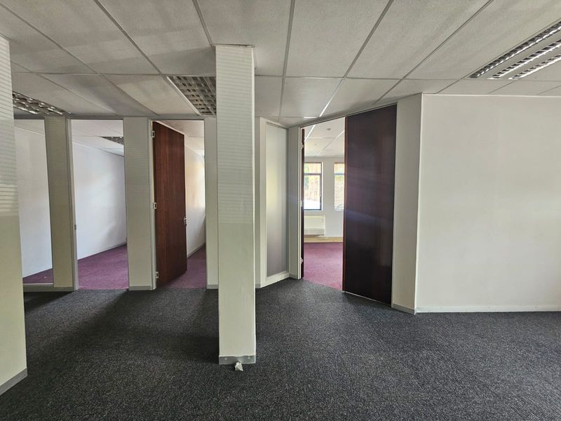 An empty office space featuring a suspended ceiling, recessed lighting, carpeted flooring, and multiple internal doorways leading to separate office rooms.