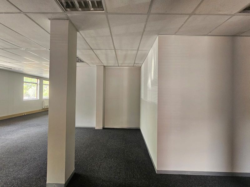 An empty, open-plan office space featuring neutral walls, carpeted flooring, and a suspended ceiling with recessed lighting.