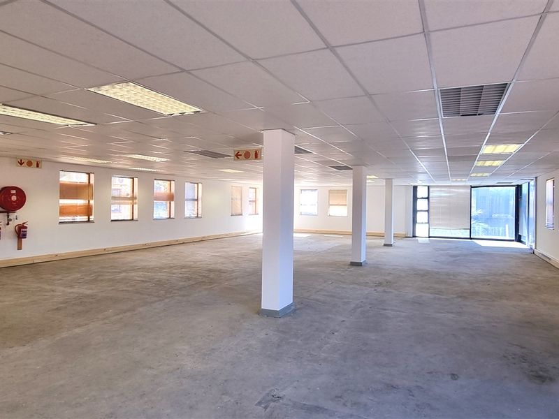 A spacious, open-plan office area featuring a suspended ceiling, recessed lighting, structural columns, and large windows with fitted venetian blinds.