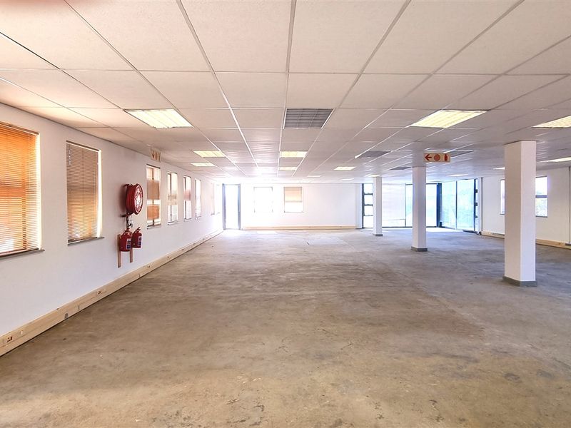 A spacious, open-plan office area featuring a suspended ceiling, recessed lighting, and large windows with venetian blinds, ready for custom fit-out.