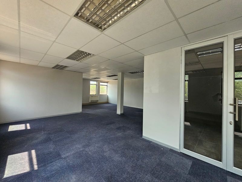 An open-plan office space featuring a suspended ceiling, recessed lighting, carpeted flooring, and a glass partition door, providing a versatile workspace environment.