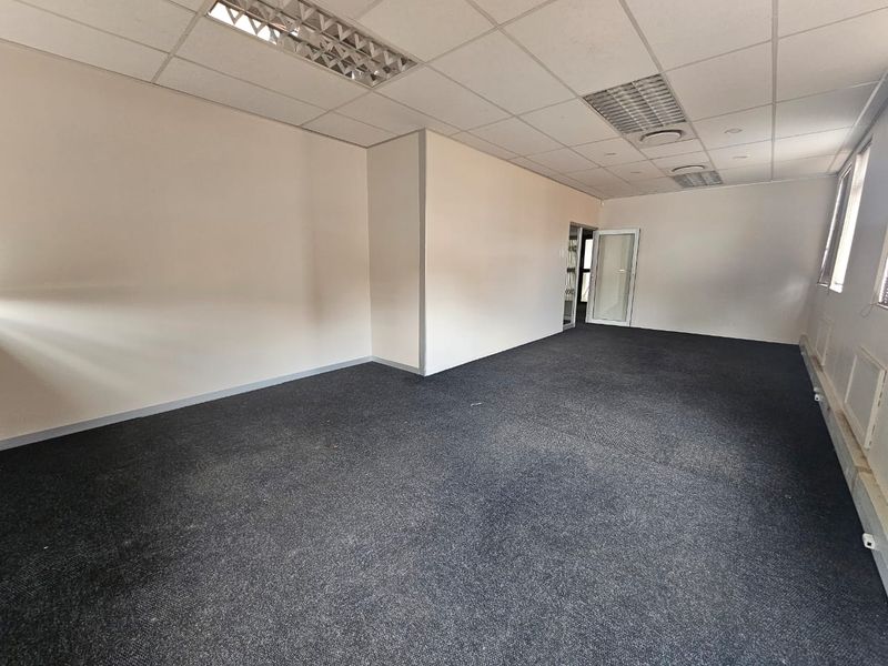 A spacious, empty office area featuring a suspended ceiling with recessed lighting, carpeted flooring, and large windows providing natural light.