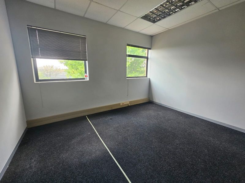 A vacant office space featuring dark carpeting, suspended ceiling with recessed lighting, and two windows with venetian blinds.