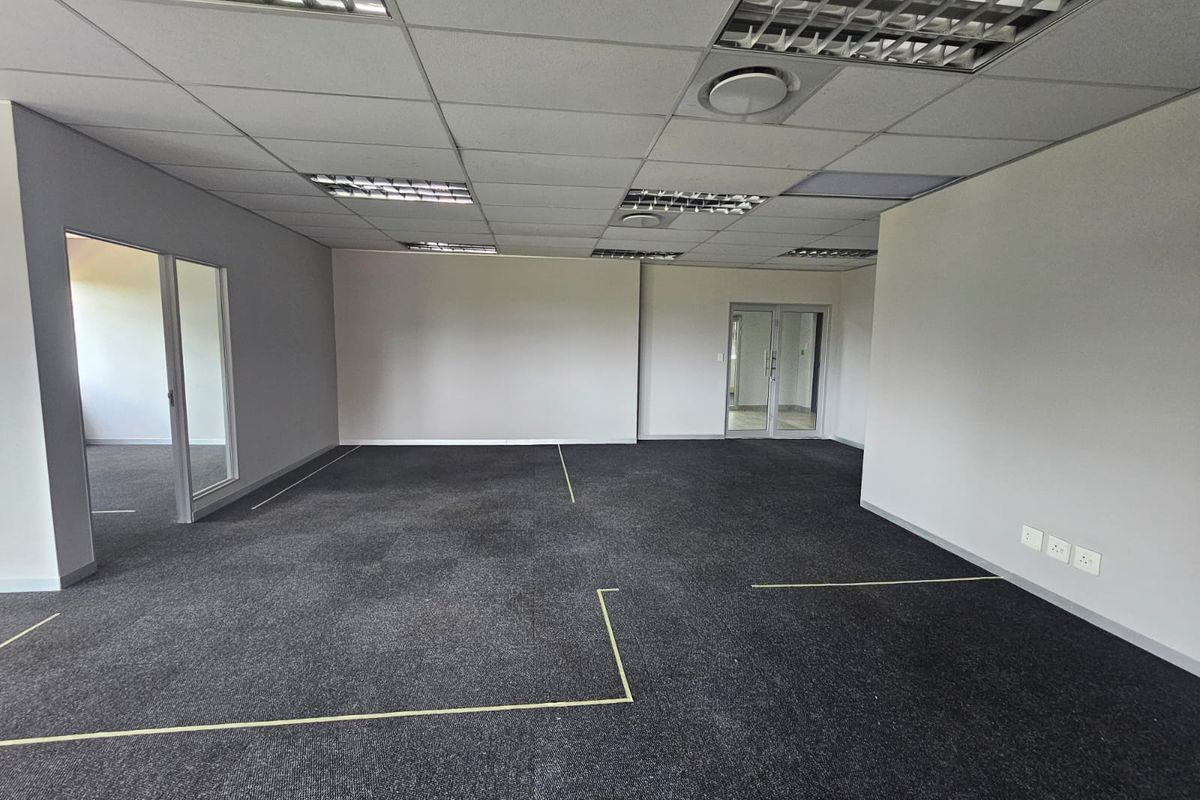 A spacious, empty open-plan office area featuring a suspended ceiling, recessed lighting, and dark carpeting, suitable for a professional workspace layout.