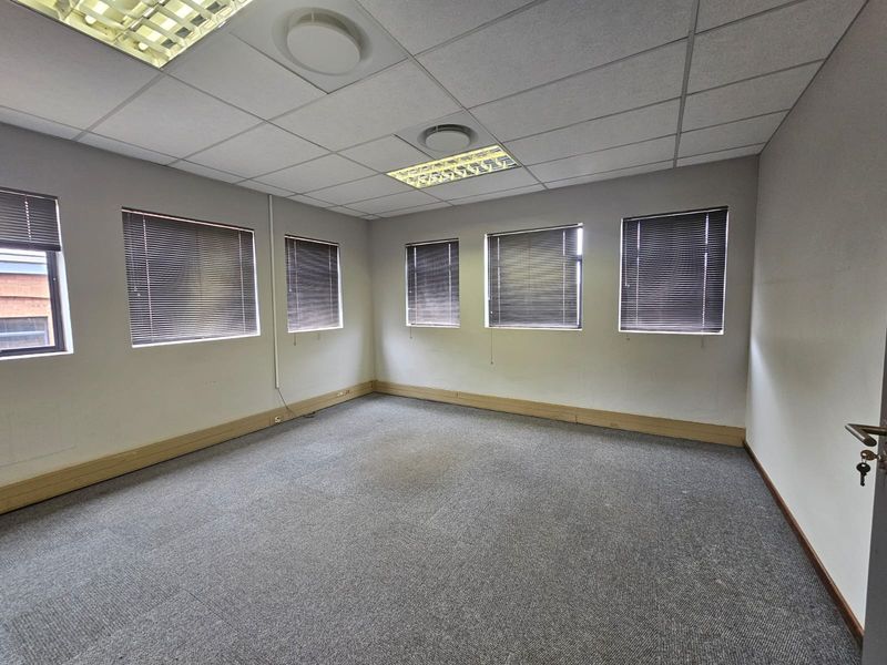 A vacant office space featuring a suspended ceiling with recessed lighting, carpeted flooring, and multiple windows fitted with venetian blinds.
