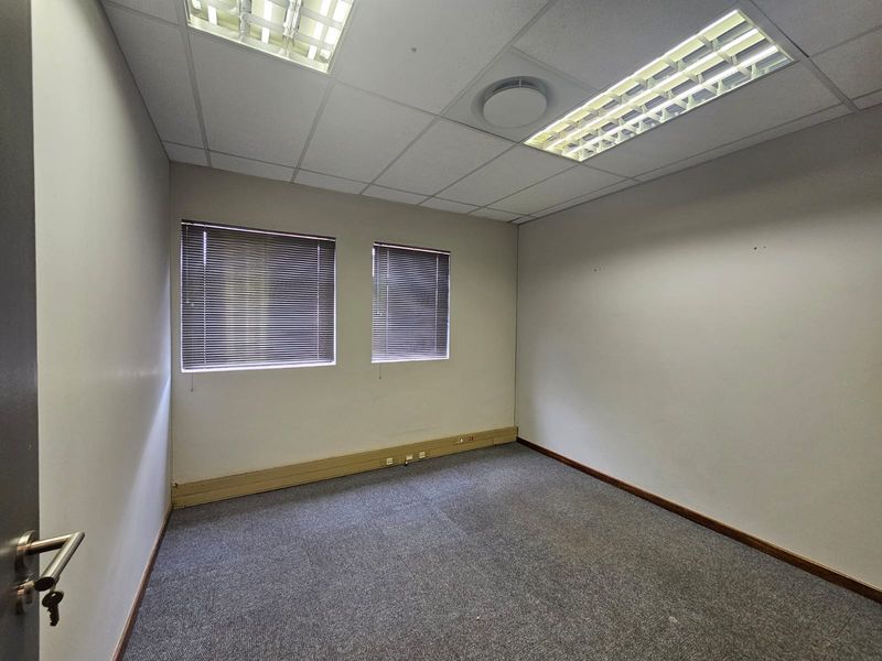 A vacant, functional office space featuring a suspended ceiling, recessed lighting, carpeted flooring, and integrated wall trunking for electrical and data connectivity.