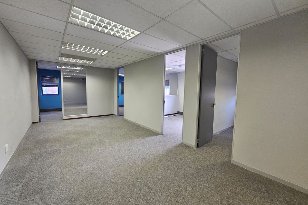 An open-plan office space featuring neutral carpeting, a suspended ceiling with recessed lighting, and multiple internal doorways leading to adjacent office rooms.