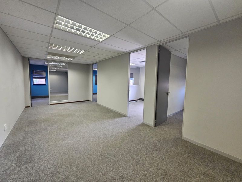 An open-plan office space featuring neutral carpeting, a suspended ceiling with recessed lighting, and multiple internal doorways leading to adjacent office rooms.
