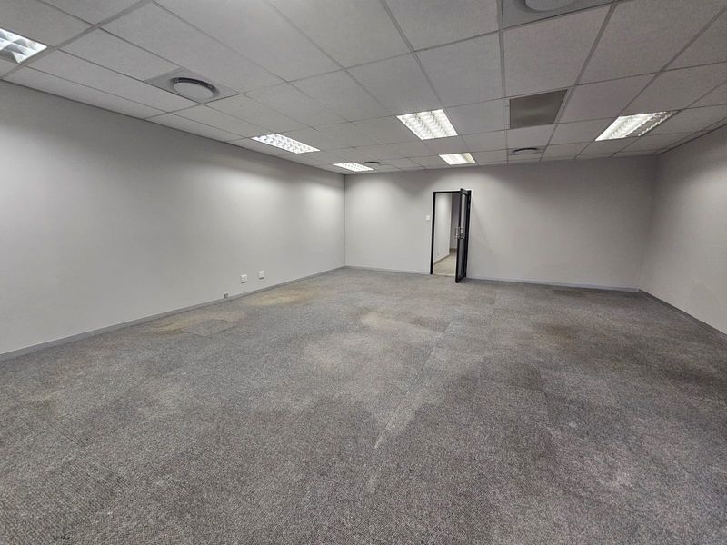 An empty, open-plan office space featuring a suspended ceiling with recessed lighting and grey carpet tiles.