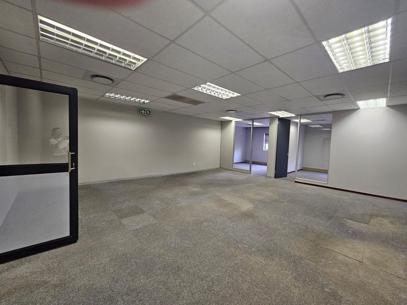 Spacious, empty office suite featuring a suspended ceiling, recessed lighting, and glass partitions, ready for custom fit-out.