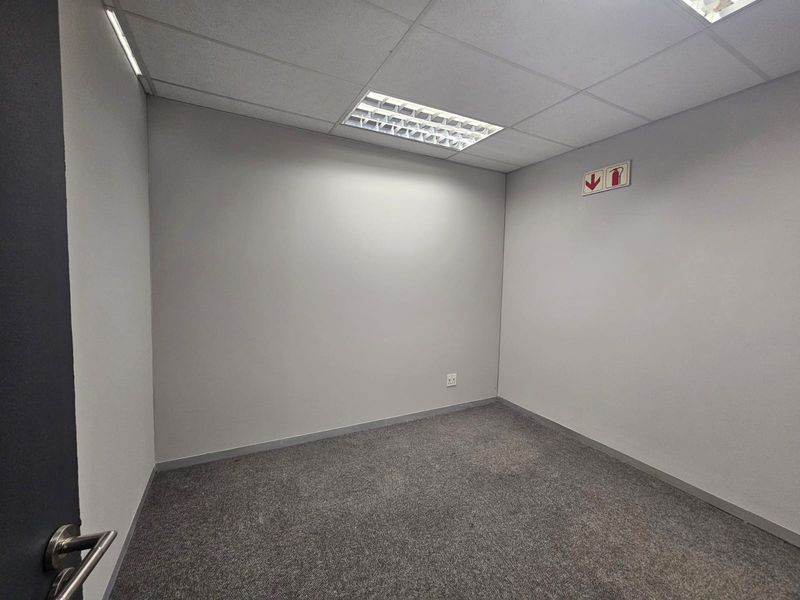 A clean, empty office space featuring neutral grey walls, carpeted flooring, and a suspended ceiling with recessed lighting.