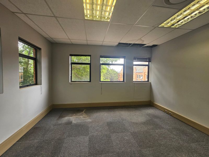 An empty office space featuring carpet tiles, recessed lighting, and multiple windows. The room requires maintenance due to visible ceiling and flooring damage.