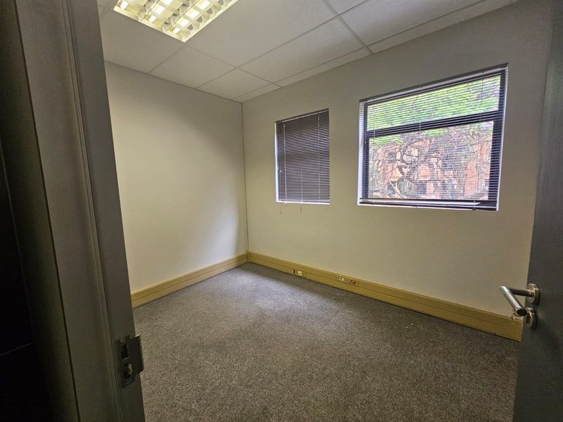 A vacant office space featuring carpeted flooring, a suspended ceiling with recessed lighting, and windows fitted with venetian blinds.