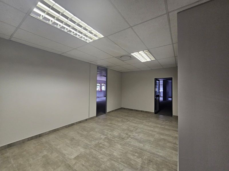 A clean, empty office space featuring neutral grey walls, modern tiled flooring, and a suspended ceiling with integrated fluorescent lighting.