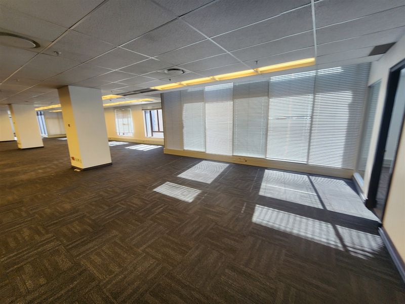 Spacious open-plan office area featuring suspended ceilings, recessed lighting, carpet tiles, and large windows with fitted venetian blinds.