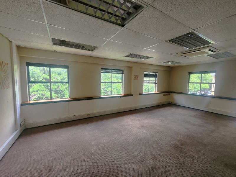 Spacious, empty office area featuring a suspended ceiling with recessed lighting, ducted air conditioning, and large windows providing natural light.