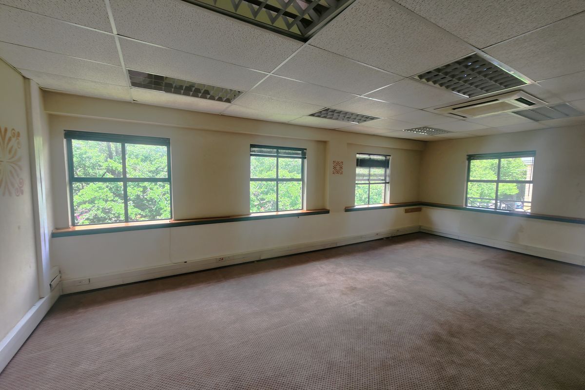 Spacious, empty office area featuring a suspended ceiling with recessed lighting, ducted air conditioning, and large windows providing natural light.