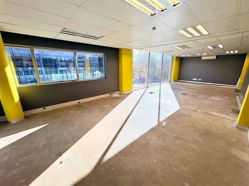 A spacious, vacant open-plan office area featuring large windows, suspended ceilings with recessed lighting, and exposed concrete flooring, ready for custom fit-out.