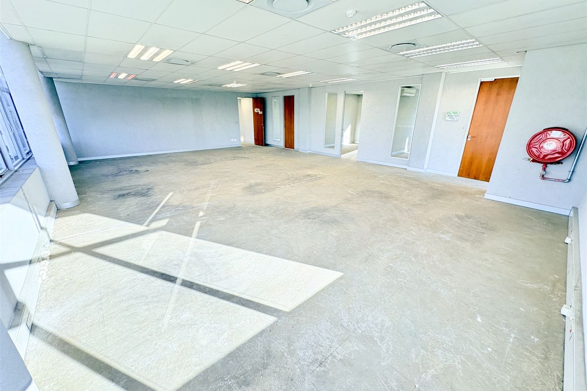 Spacious, vacant open-plan office area featuring a suspended ceiling, recessed lighting, and internal glass partitions, ready for custom fit-out.