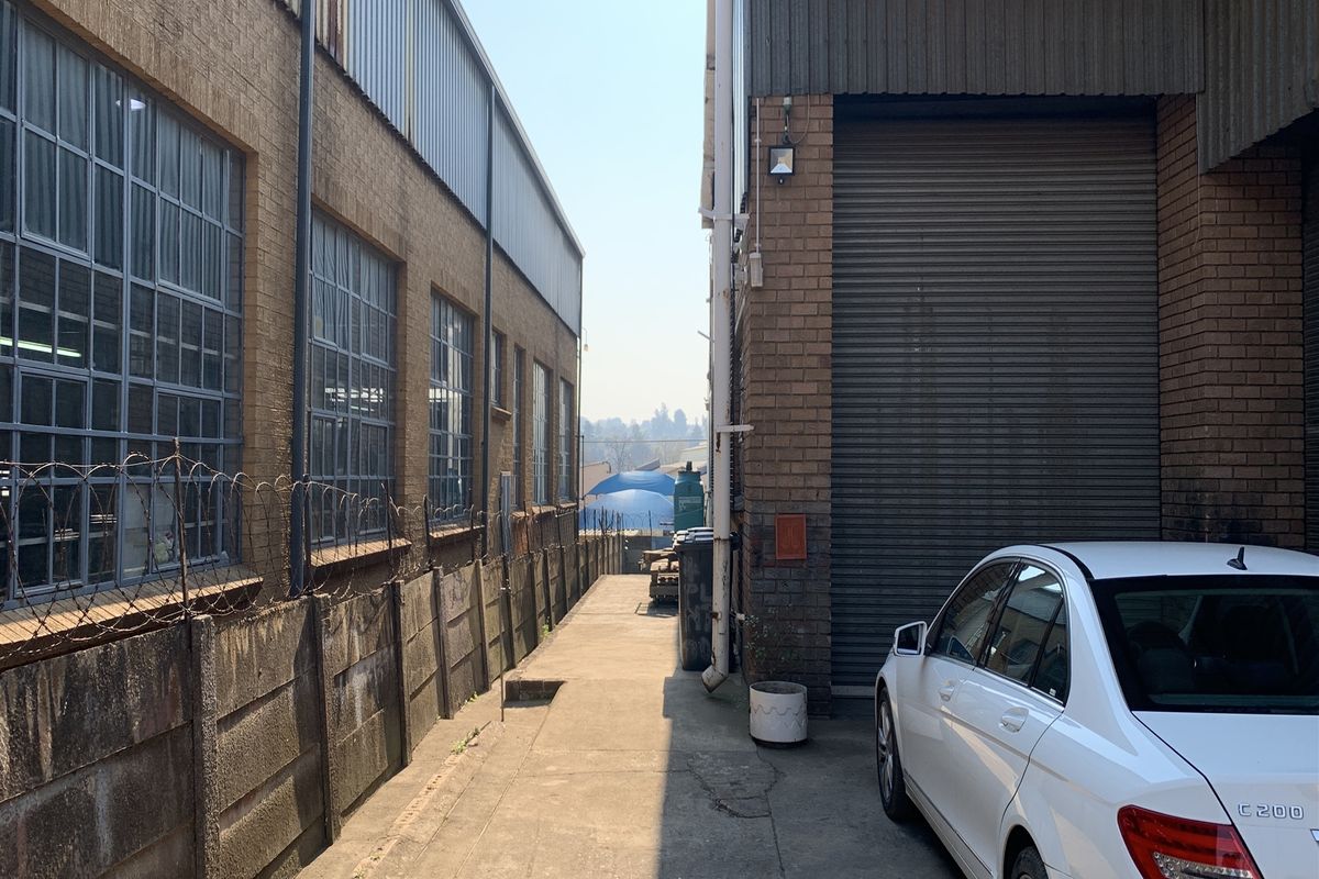 Side alleyway between industrial buildings featuring a roller shutter door, steel-framed windows, and concrete boundary wall with security fencing.