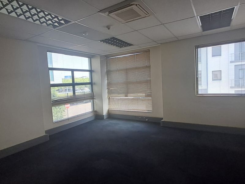 A vacant office space featuring large windows with fitted blinds, recessed ceiling lighting, and dark carpeting, suitable for a professional workspace.