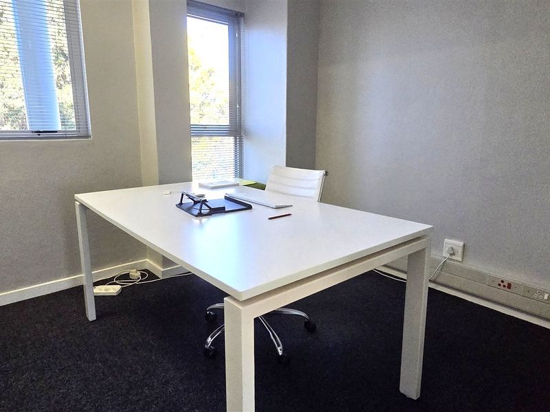 A functional office space featuring dark carpeting, neutral walls, and natural light provided by two windows with fitted venetian blinds.