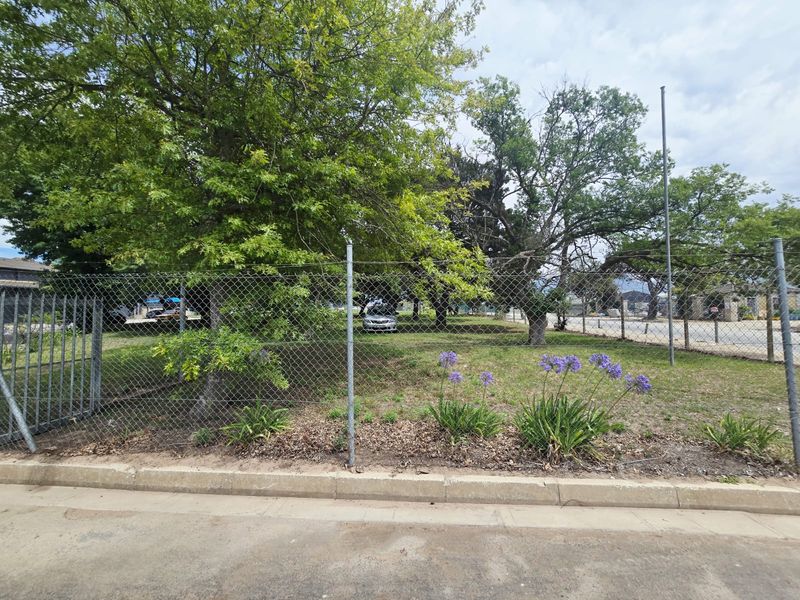 A view of a vacant commercial land plot featuring mature trees and secured by chain-link perimeter fencing along the street curb.