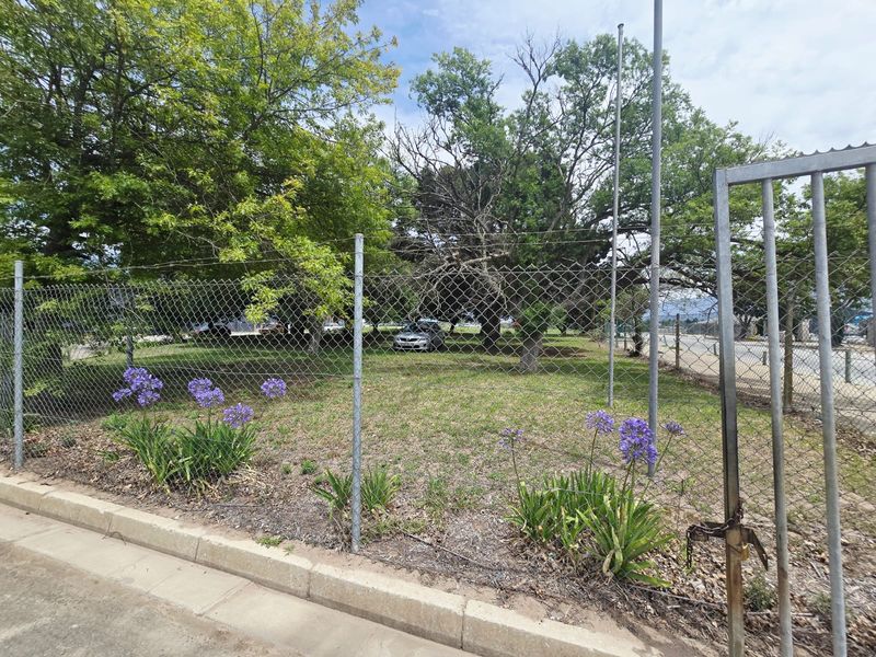 A view of a vacant commercial plot enclosed by chain-link fencing and a metal gate, featuring mature trees and established landscaping.