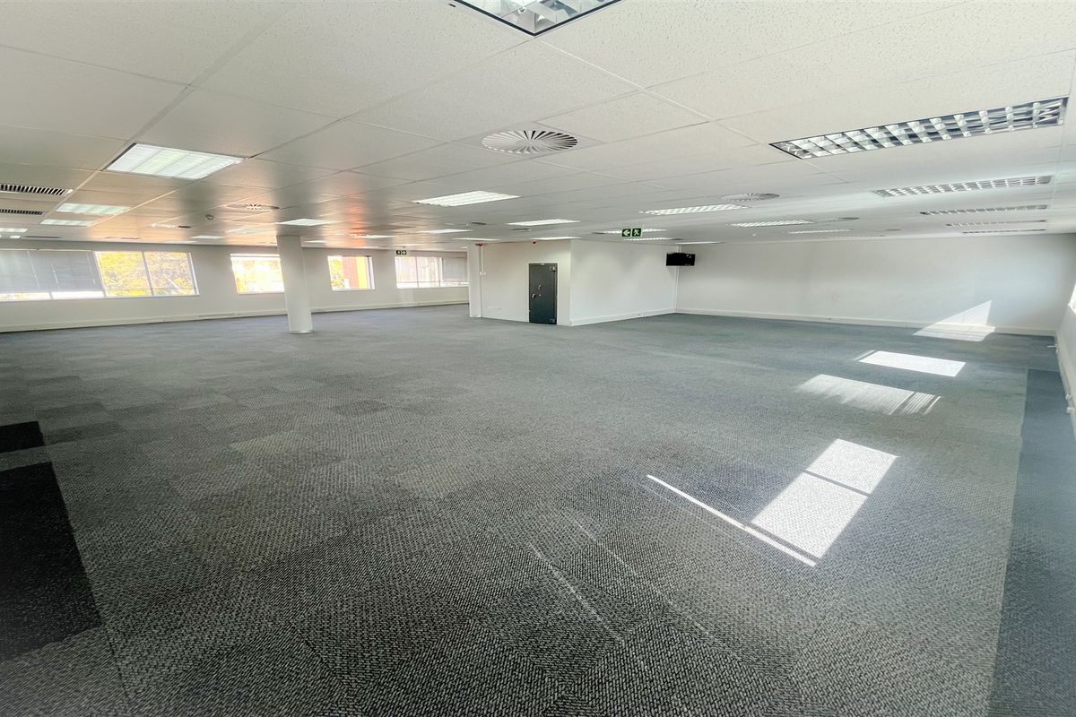 A spacious, open-plan office area featuring suspended ceilings, recessed lighting, and carpeted flooring, offering a versatile workspace layout.