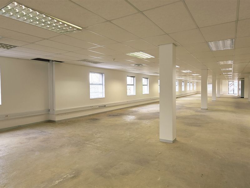 A large, open-plan office space featuring a suspended ceiling, recessed lighting, and exposed concrete flooring, ready for custom fit-out.
