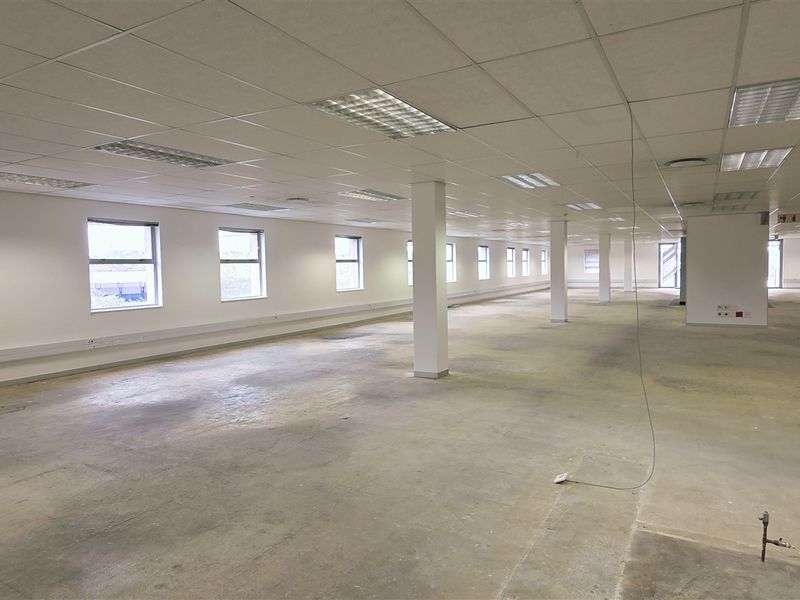 A large, open-plan office space featuring a suspended ceiling, recessed lighting, structural columns, and exposed concrete flooring, ready for custom fit-out.