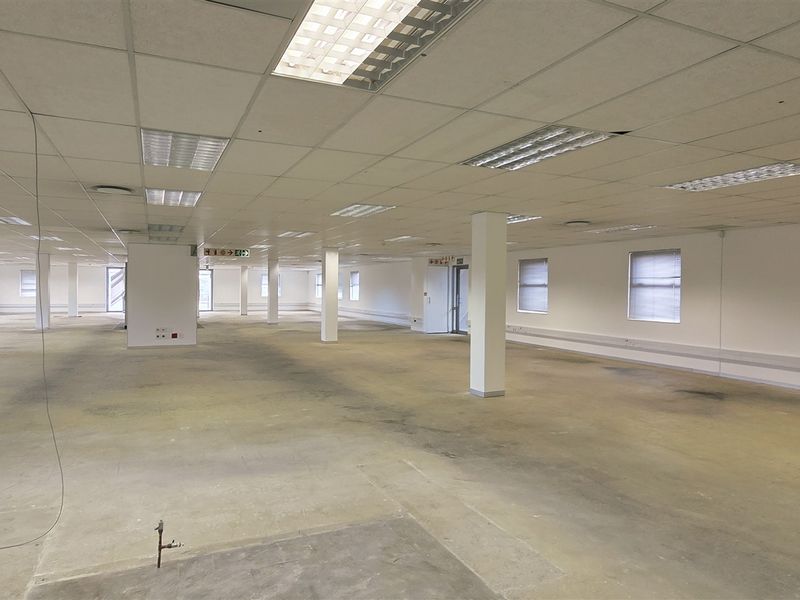 A large, open-plan office space featuring a suspended ceiling, recessed lighting, and structural columns, currently vacant and ready for refurbishment.