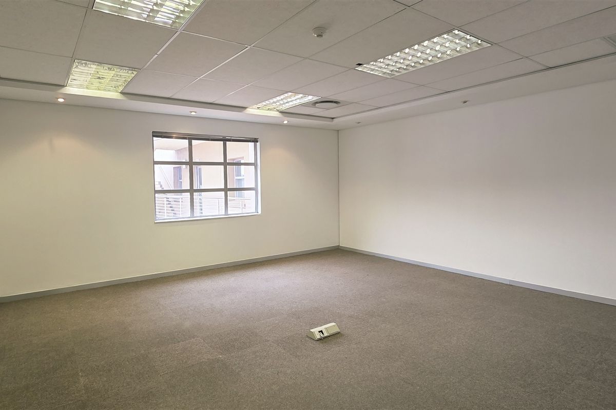 A clean, vacant office space featuring neutral carpet tiles, a suspended ceiling with recessed lighting, and a window providing natural light.