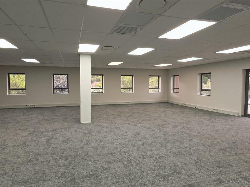 A spacious, open-plan office area featuring neutral carpeting, recessed lighting, and large windows providing ample natural light.