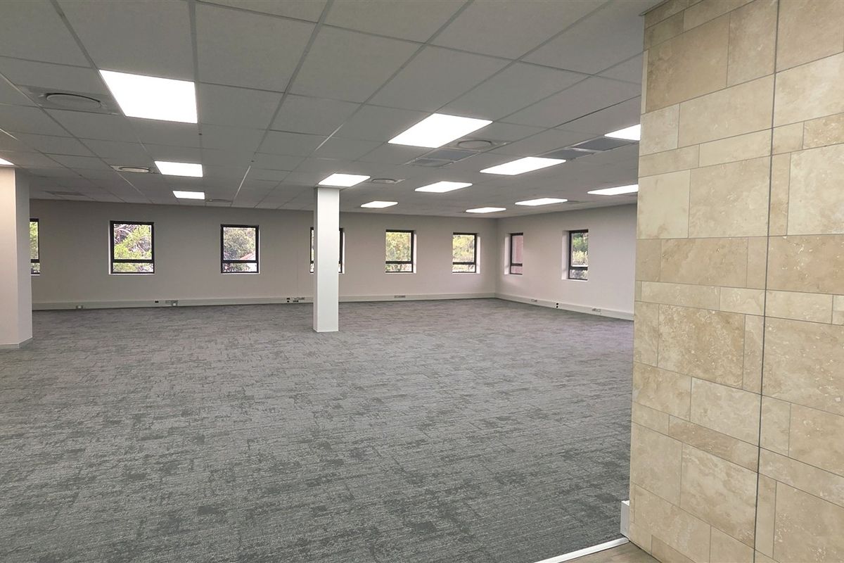 Spacious open-plan office area featuring a neutral carpet, suspended ceiling with recessed lighting, and a decorative stone feature wall.