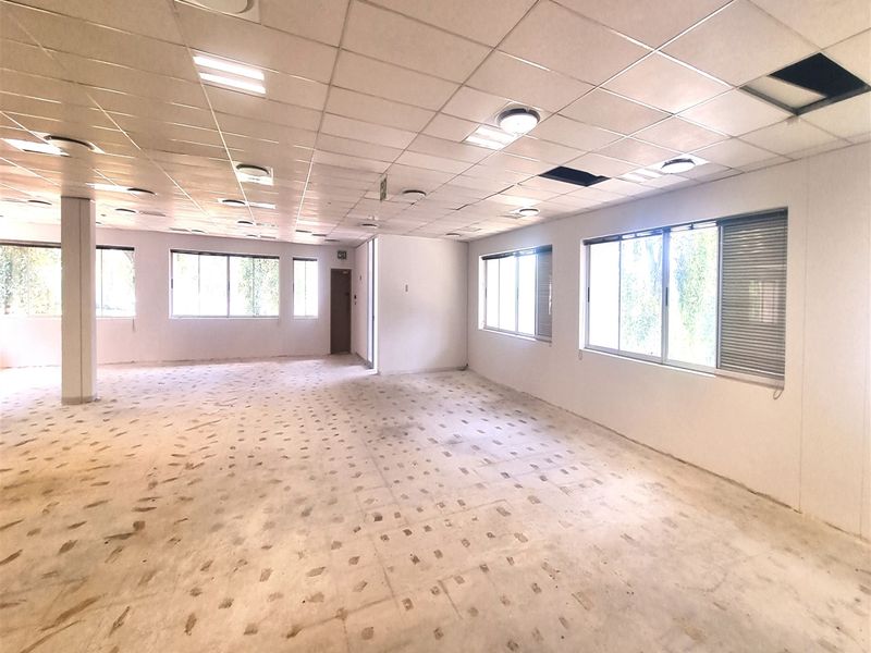 An open-plan office space featuring a suspended ceiling, recessed lighting, and large windows, currently in need of flooring and ceiling repairs.