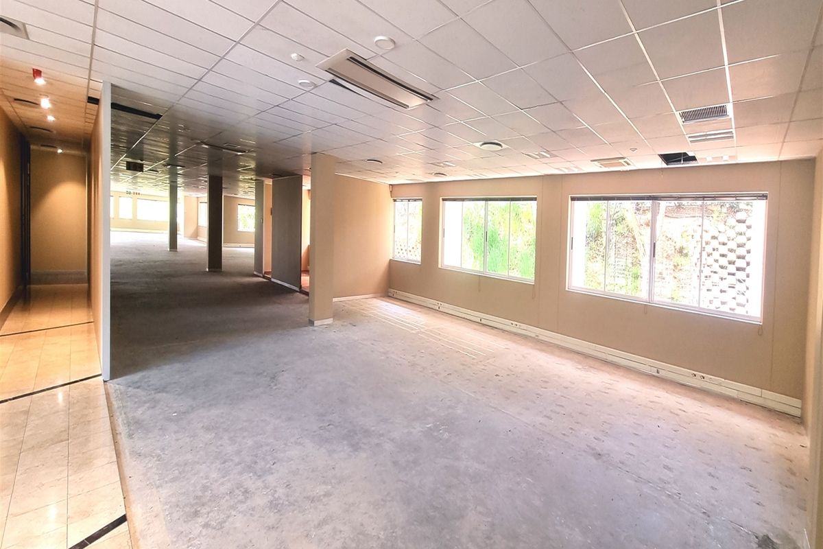 A large, vacant open-plan office space featuring a suspended ceiling, recessed lighting, ducted air conditioning, and expansive windows providing natural light.
