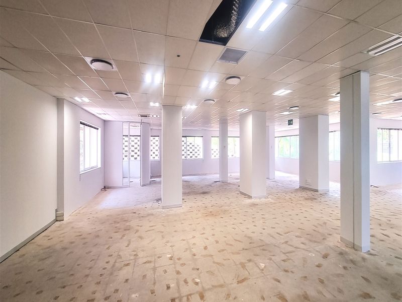 Open-plan office space featuring a suspended ceiling, structural columns, and large windows, currently in need of flooring and ceiling repairs.