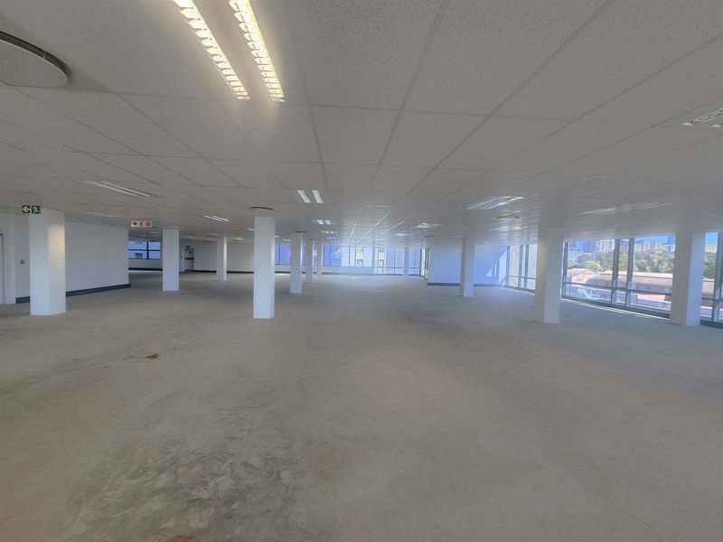 A large, open-plan office space featuring a suspended ceiling, recessed lighting, and expansive windows offering natural light and city views.