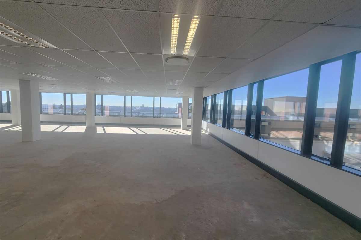 A spacious, open-plan office area featuring large windows with natural light, suspended ceilings, and unfinished concrete flooring, ready for custom fit-out.