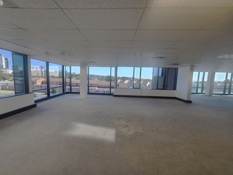 Spacious open-plan office area featuring extensive floor-to-ceiling windows, suspended ceilings, and an unfinished concrete floor, offering a blank canvas for custom fit-outs.