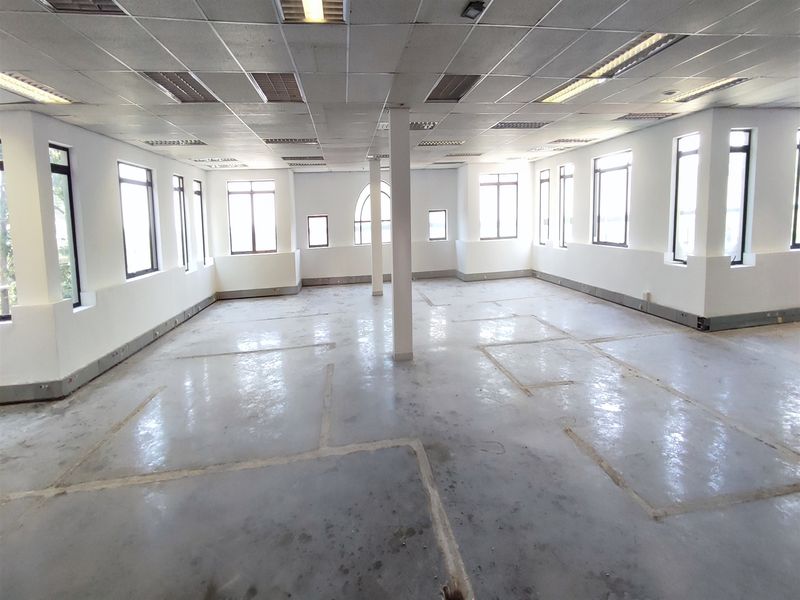 Spacious open-plan office area featuring a suspended ceiling, recessed lighting, and large windows providing ample natural light, ready for custom fit-out.