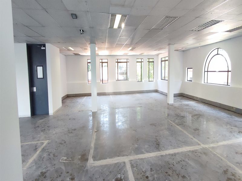 Spacious open-plan office area featuring a suspended ceiling, recessed lighting, and large windows providing ample natural light.