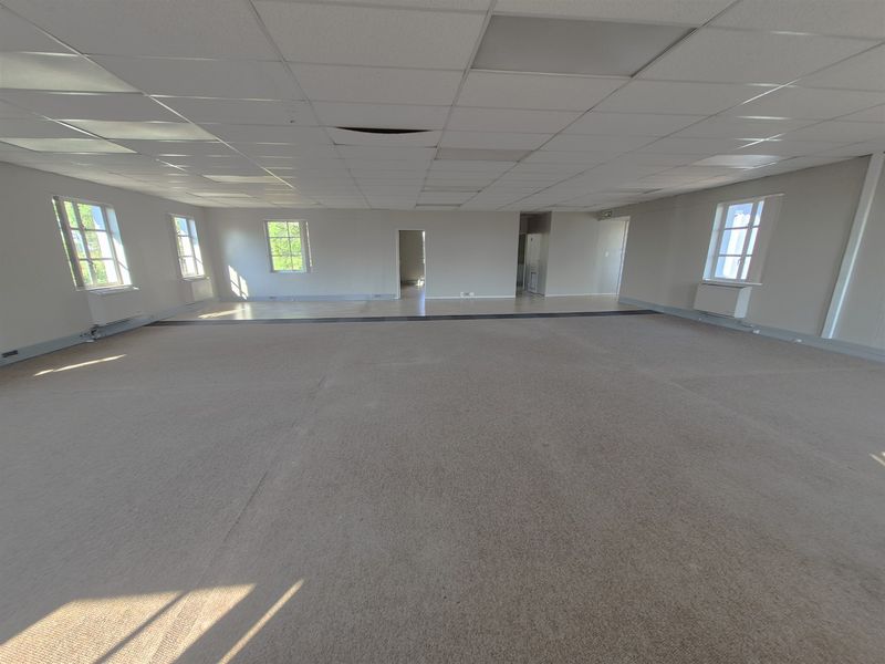 A spacious, vacant open-plan office area featuring a suspended ceiling, carpeted flooring, and multiple windows providing natural light.