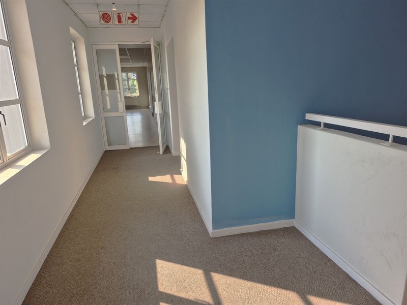 A bright, empty office hallway featuring carpeted flooring, a suspended ceiling, and a metal balustrade leading to an adjacent office space.