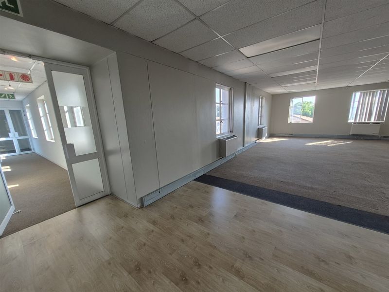 Spacious, empty office area featuring a mix of carpet and laminate flooring, suspended ceilings, and multiple windows providing natural light.