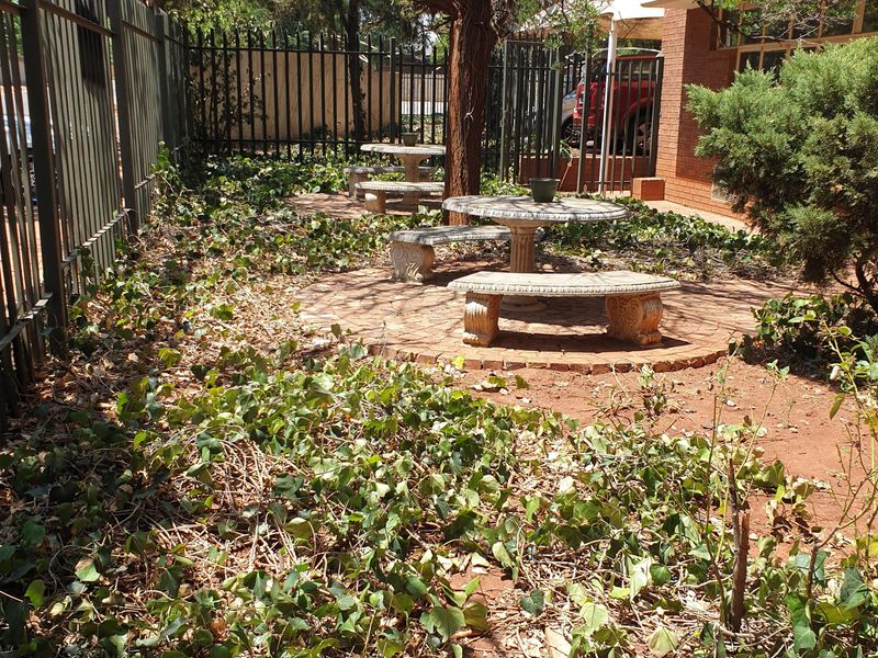 A shaded outdoor garden area featuring brick paving and metal perimeter fencing, currently requiring landscaping and maintenance to improve the overall presentation.