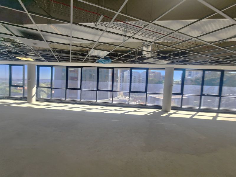 An open-plan office space in shell condition, featuring floor-to-ceiling windows, exposed ceiling grid, and unfinished flooring, ready for custom fit-out.