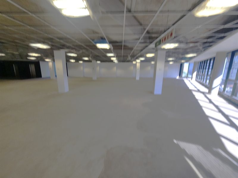 A large, open-plan office space featuring structural columns, a suspended ceiling with recessed lighting, and expansive windows providing natural light.